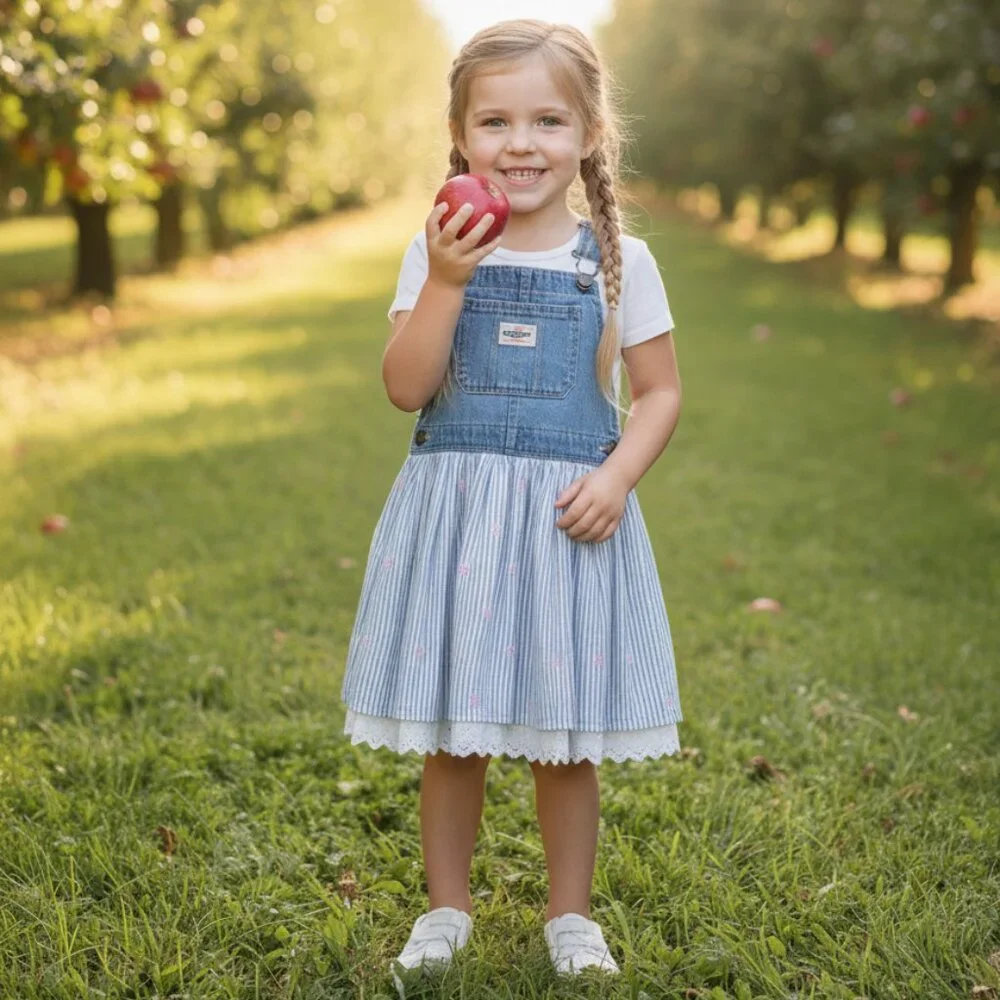 ⭐ Oshkosh Bgosh Denim Jean And Striped Floral Cotton Dress With Scalloped Eyelet